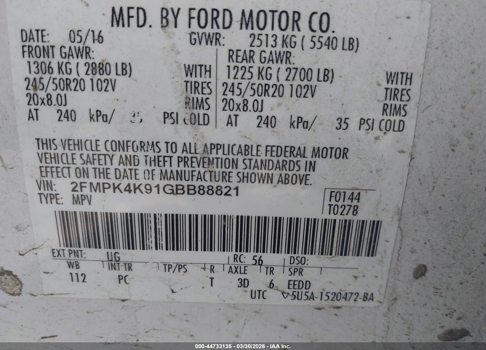 2016 FORD EDGE TITANIUM VIN: 2FMPK4K91GBB88821