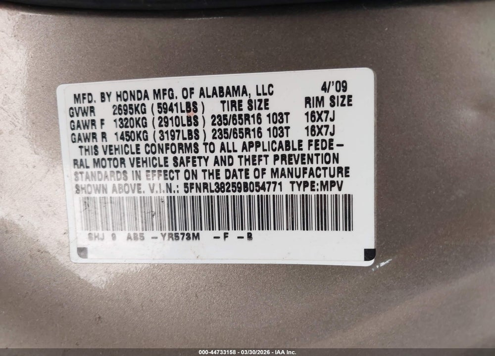 2009 HONDA ODYSSEY LX VIN: 5FNRL38259B054771