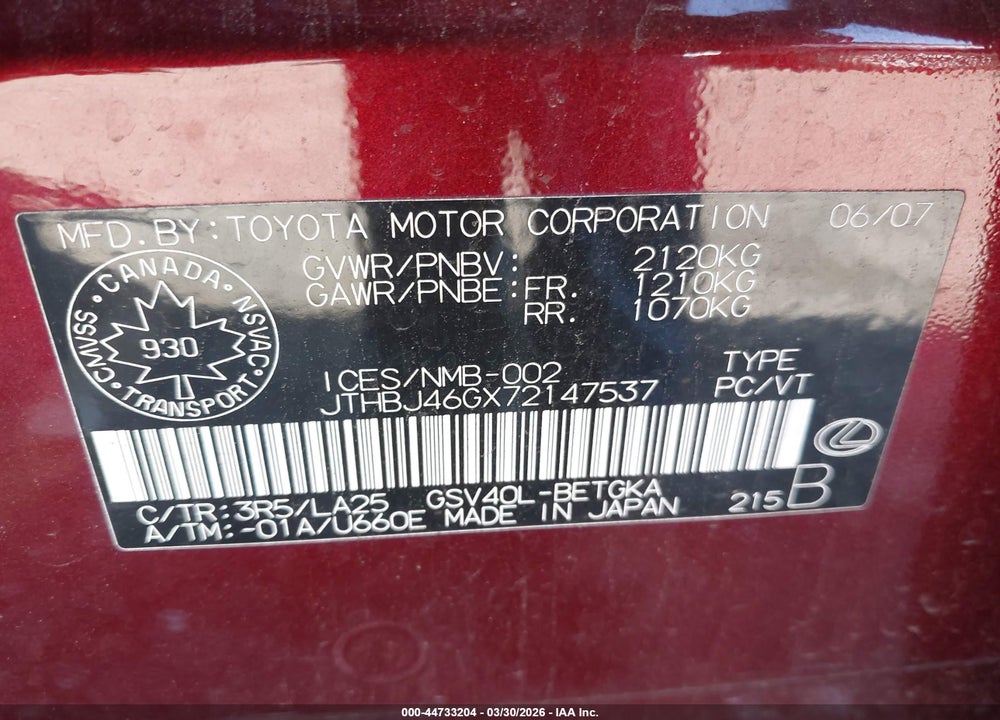 2007 LEXUS ES 350 VIN: JTHBJ46GX72147537