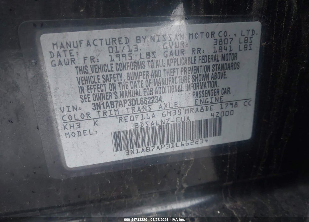 2013 NISSAN SENTRA FE+ SV VIN: 3N1AB7AP3DL662234