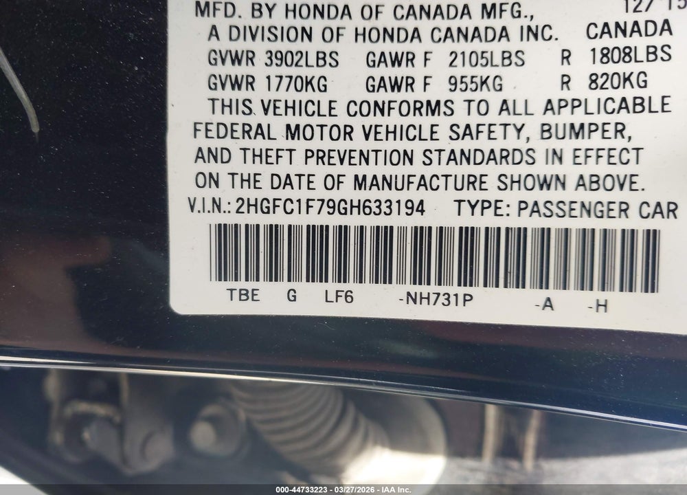2016 HONDA CIVIC EX-L VIN: 2HGFC1F79GH633194