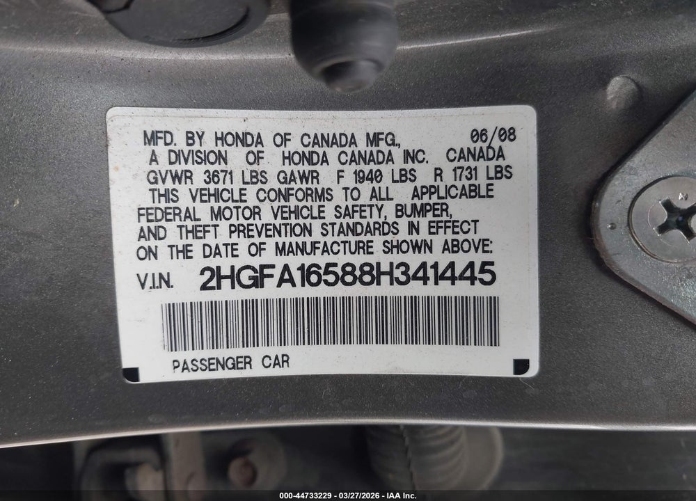 2008 HONDA CIVIC LX VIN: 2HGFA16588H341445