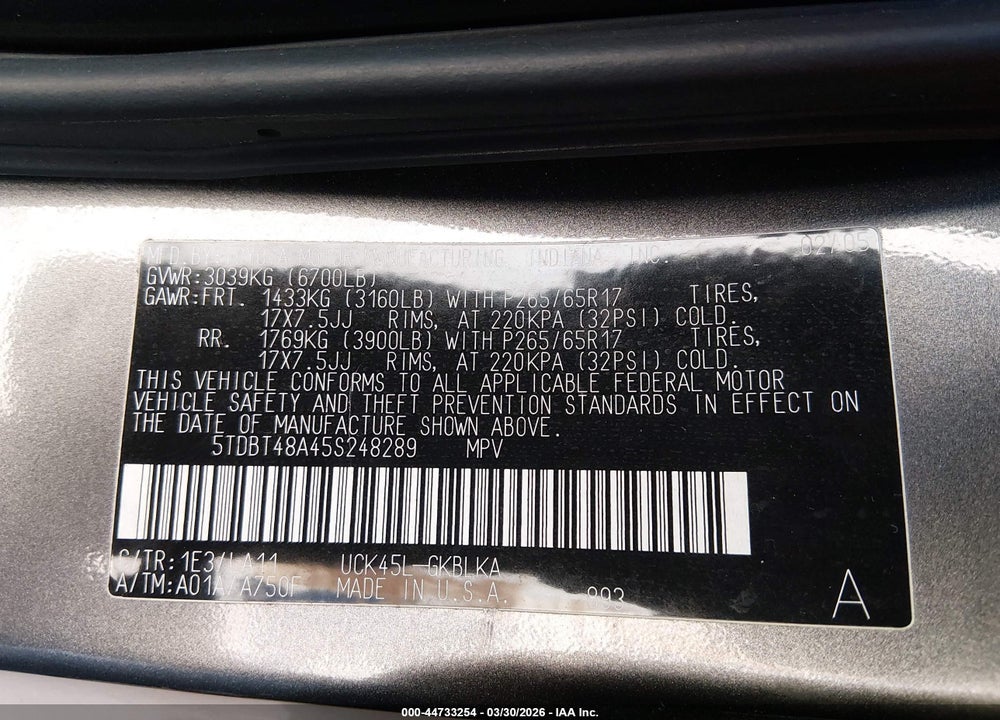 2005 TOYOTA SEQUOIA LIMITED V8 VIN: 5TDBT48A45S248289