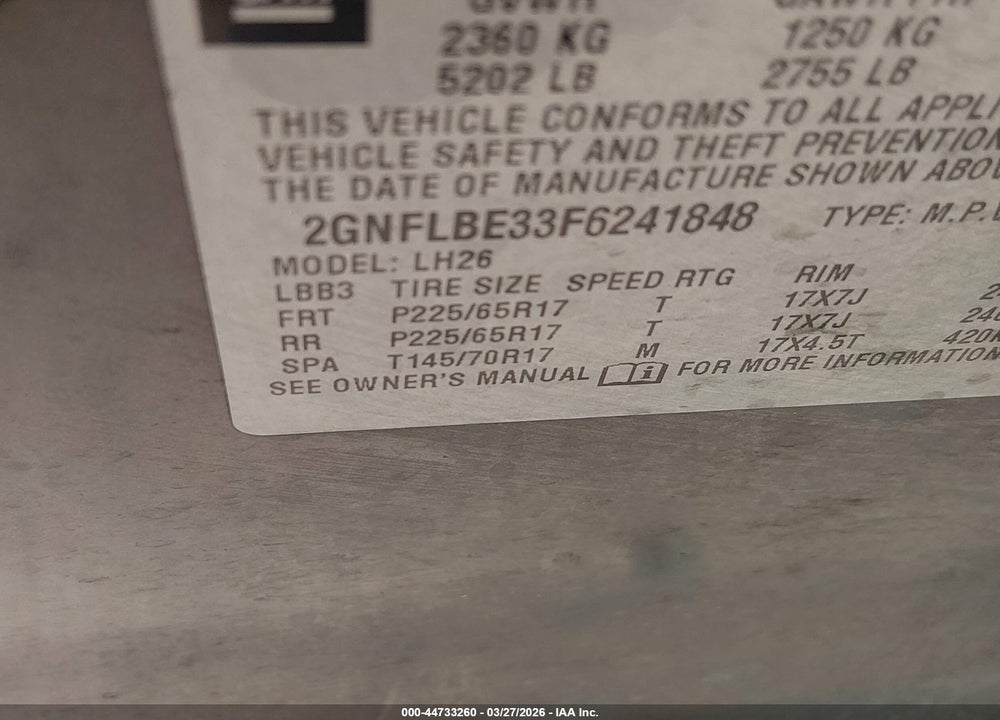 2015 CHEVROLET EQUINOX 1LT VIN: 2GNFLBE33F6241848