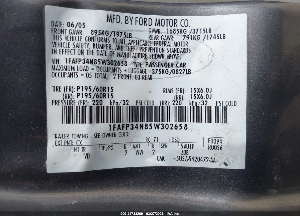 2005 FORD FOCUS ZX4 VIN: 1FAFP34N85W302658