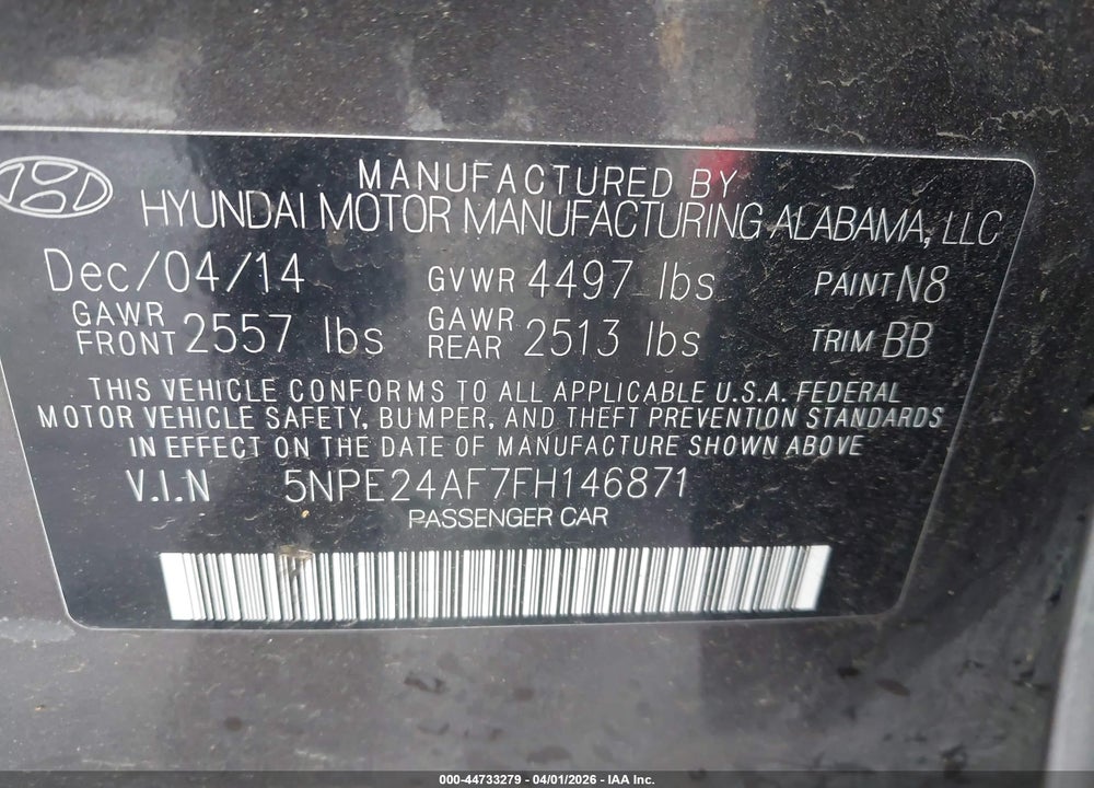 2015 HYUNDAI SONATA SE VIN: 5NPE24AF7FH146871