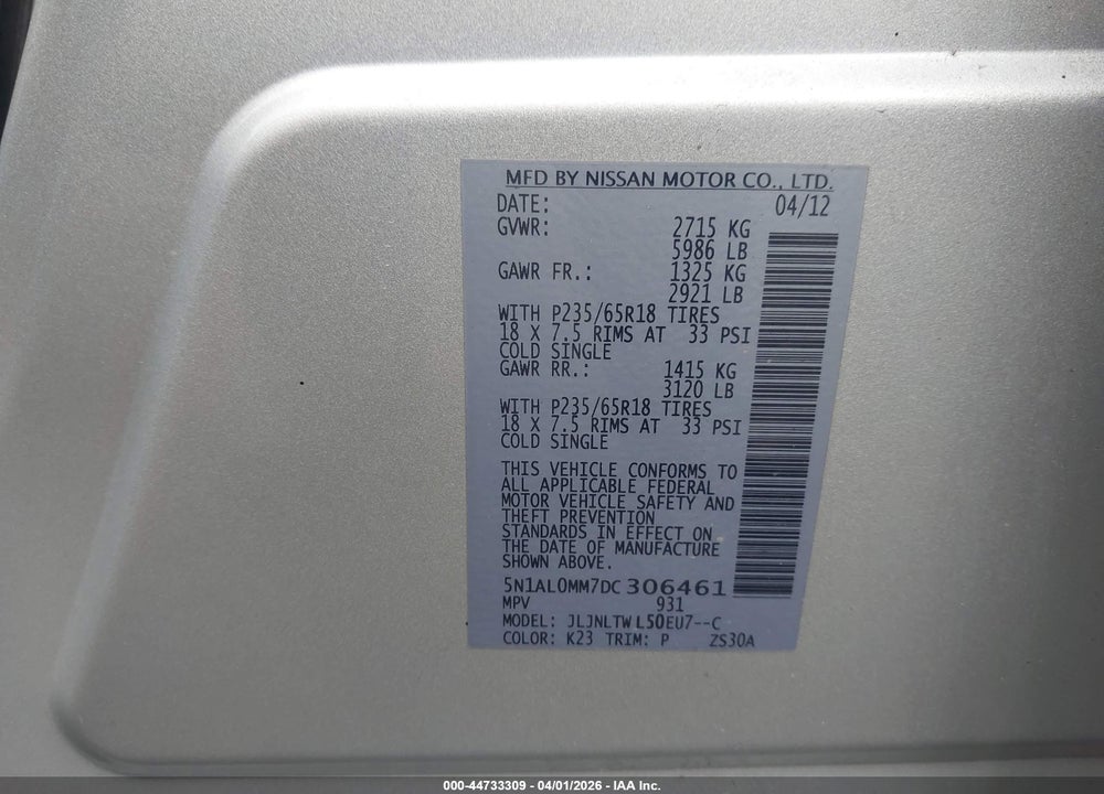 2013 INFINITI JX35 VIN: 5N1AL0MM7DC306461