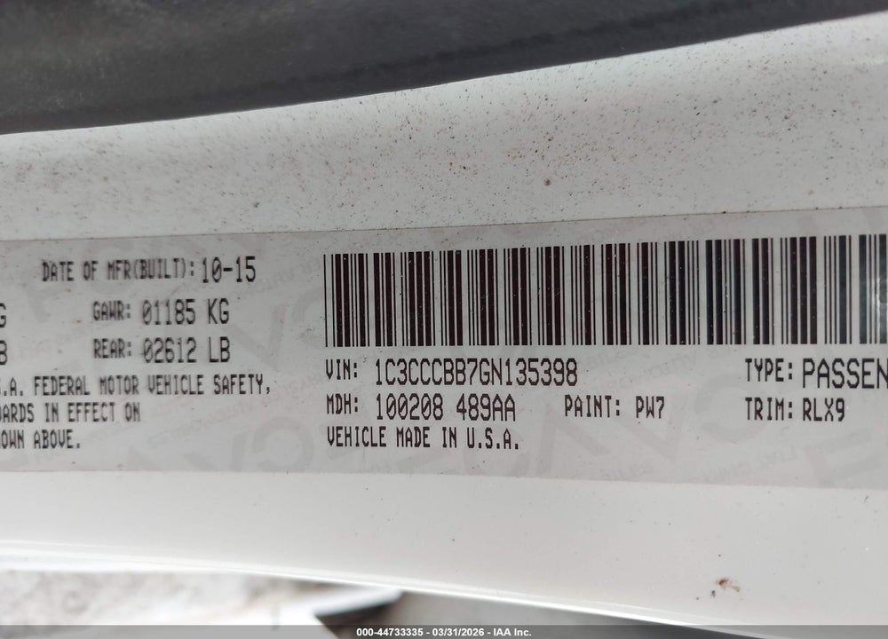 2016 CHRYSLER 200 S VIN: 1C3CCCBB7GN135398
