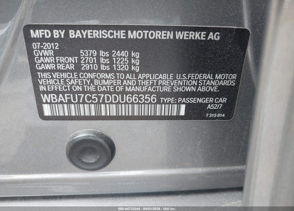 2013 BMW 535I XDRIVE VIN: WBAFU7C57DDU66356