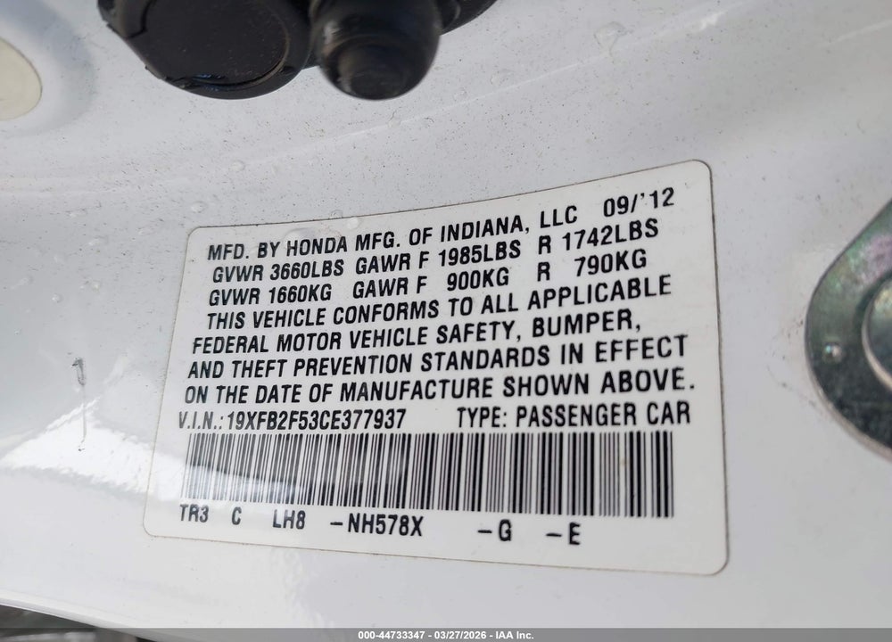 2012 HONDA CIVIC LX VIN: 19XFB2F53CE377937