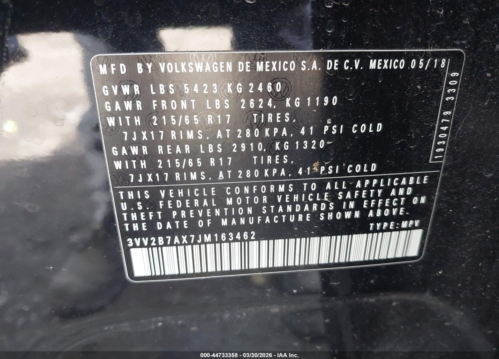 2018 VOLKSWAGEN TIGUAN 2.0T SE/2.0T SEL VIN: 3VV2B7AX7JM163462