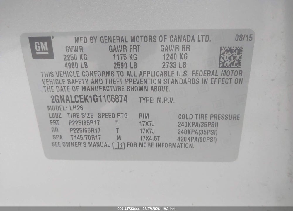 2016 CHEVROLET EQUINOX LT VIN: 2GNALCEK1G1106874