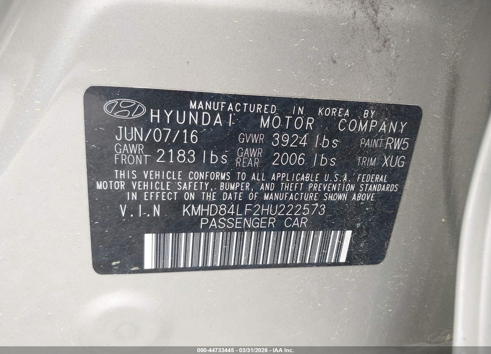 2017 HYUNDAI ELANTRA SE VIN: KMHD84LF2HU222573