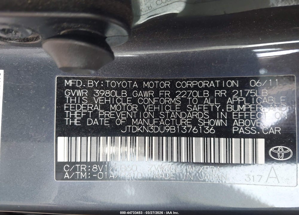 2011 TOYOTA PRIUS TWO VIN: JTDKN3DU9B1376136