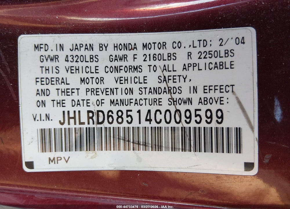 2004 HONDA CR-V LX VIN: JHLRD68514C009599