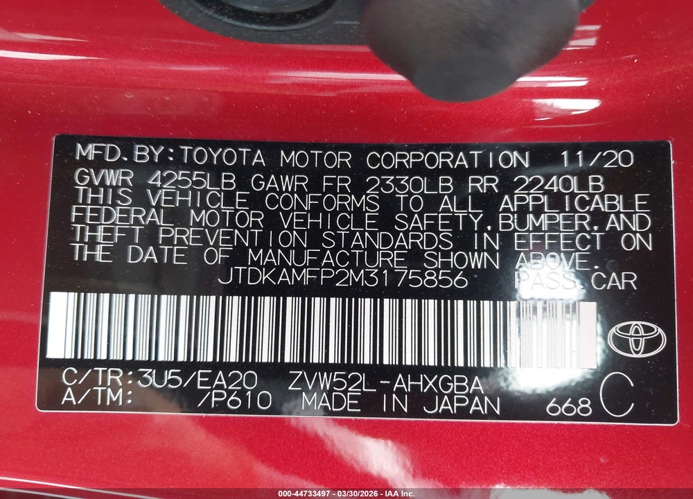 2021 TOYOTA PRIUS PRIME XLE VIN: JTDKAMFP2M3175856
