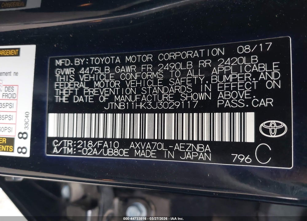 2018 TOYOTA CAMRY LE VIN: JTNB11HK3J3029117