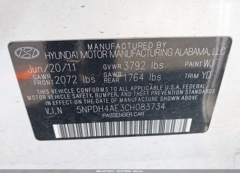 2012 HYUNDAI ELANTRA LIMITED VIN: 5NPDH4AE3CH083734