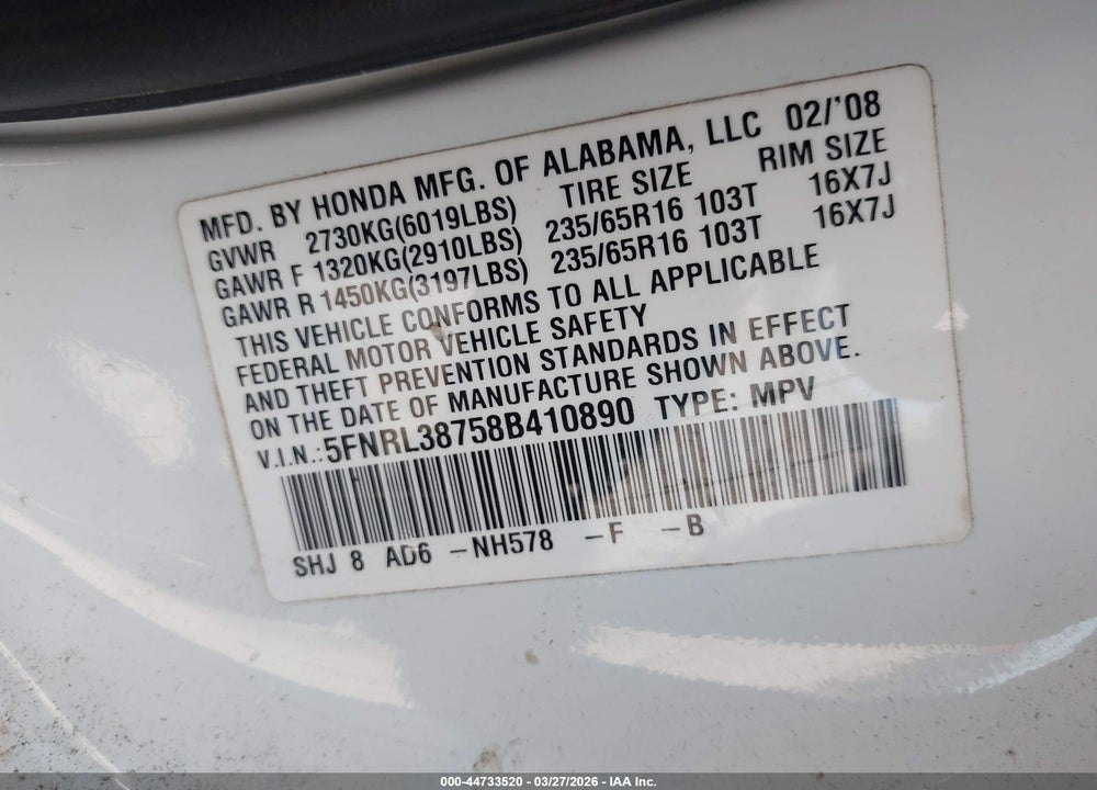2008 HONDA ODYSSEY EX-L VIN: 5FNRL38758B410890