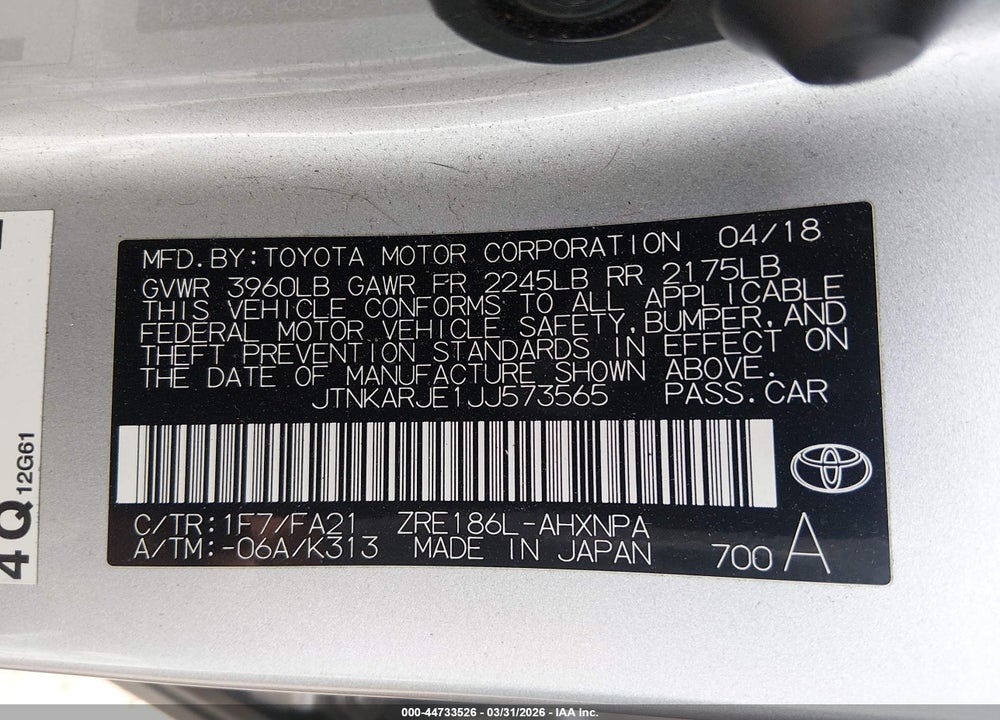 2018 TOYOTA COROLLA IM VIN: JTNKARJE1JJ573565