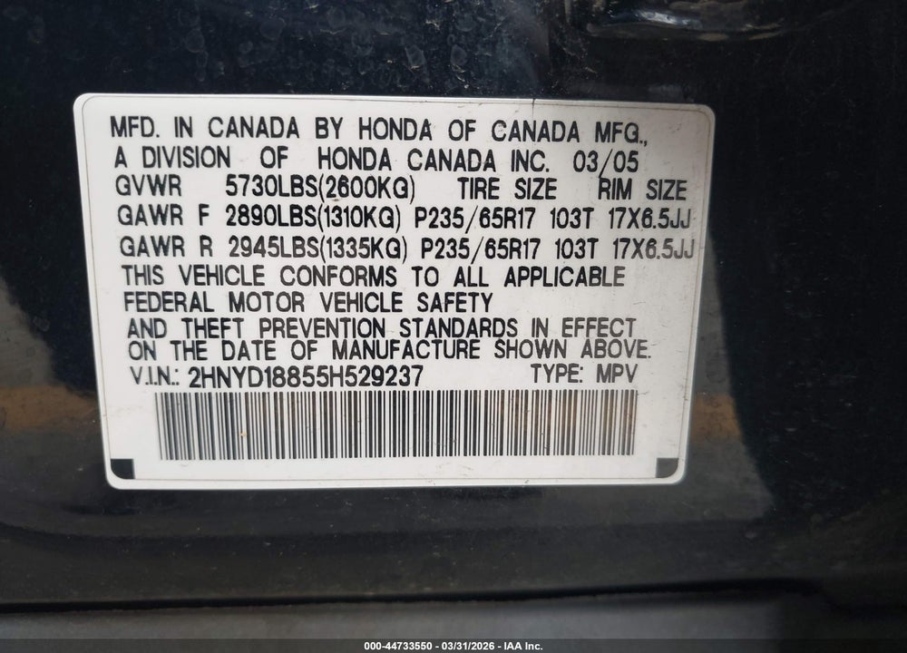 2005 ACURA MDX VIN: 2HNYD18855H529237