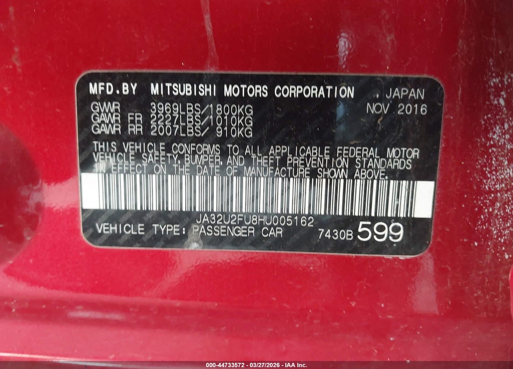 2017 MITSUBISHI LANCER ES VIN: JA32U2FU8HU005162