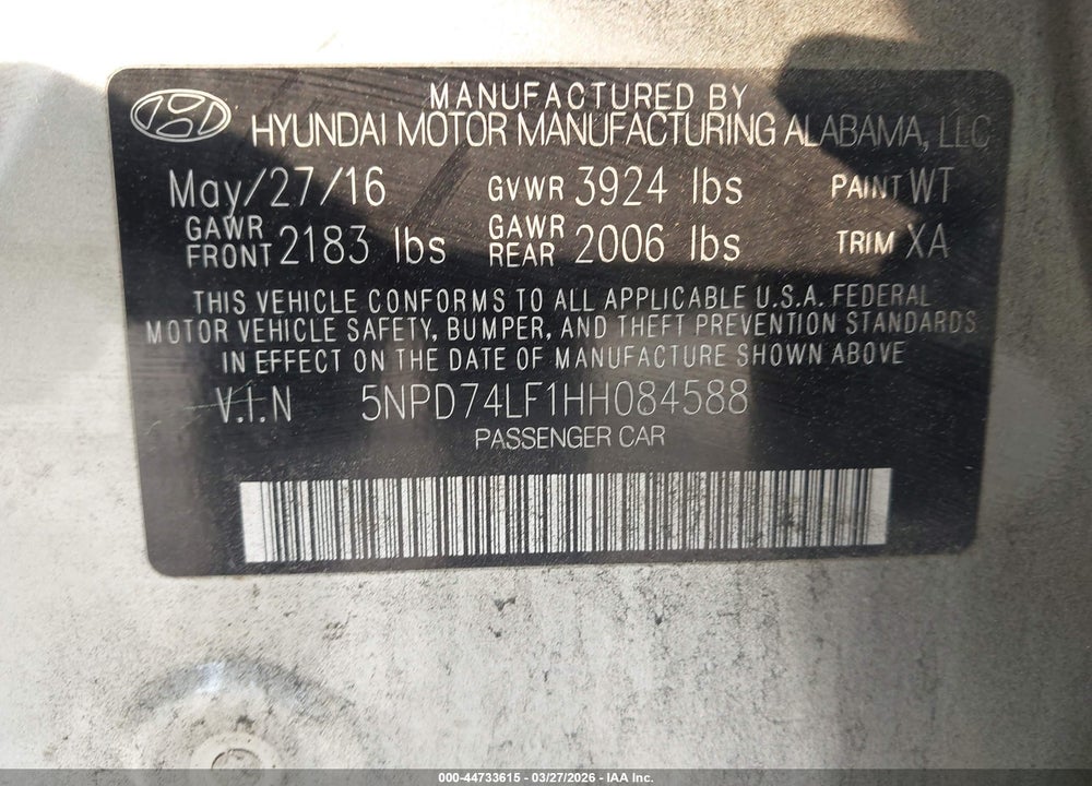 2017 HYUNDAI ELANTRA SE VIN: 5NPD74LF1HH084588