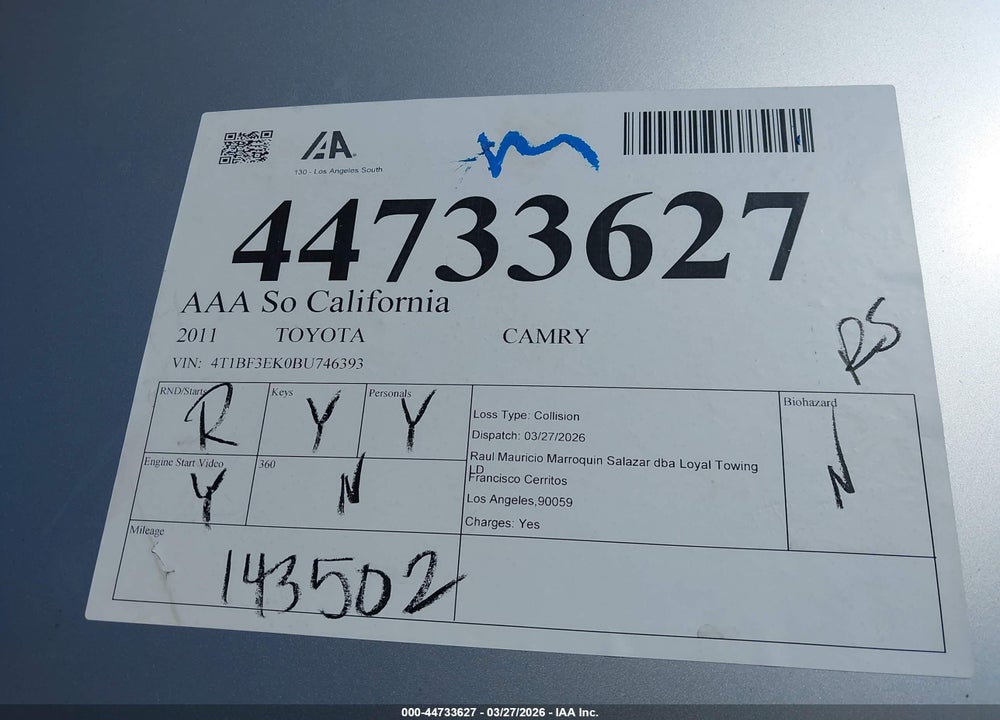 2011 TOYOTA CAMRY LE VIN: 4T1BF3EK0BU746393