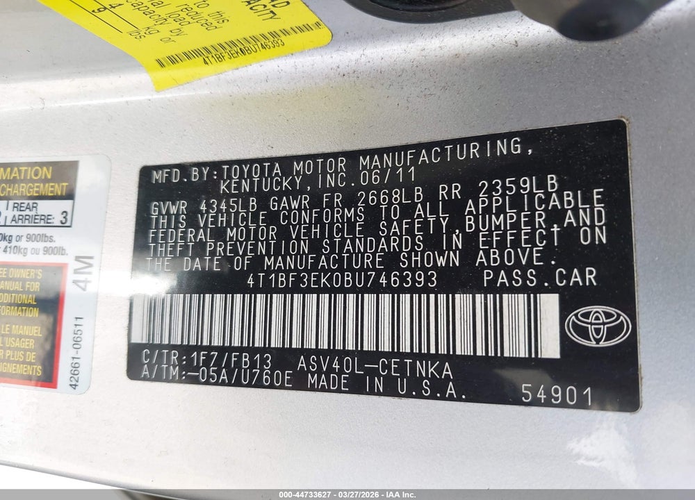 2011 TOYOTA CAMRY LE VIN: 4T1BF3EK0BU746393