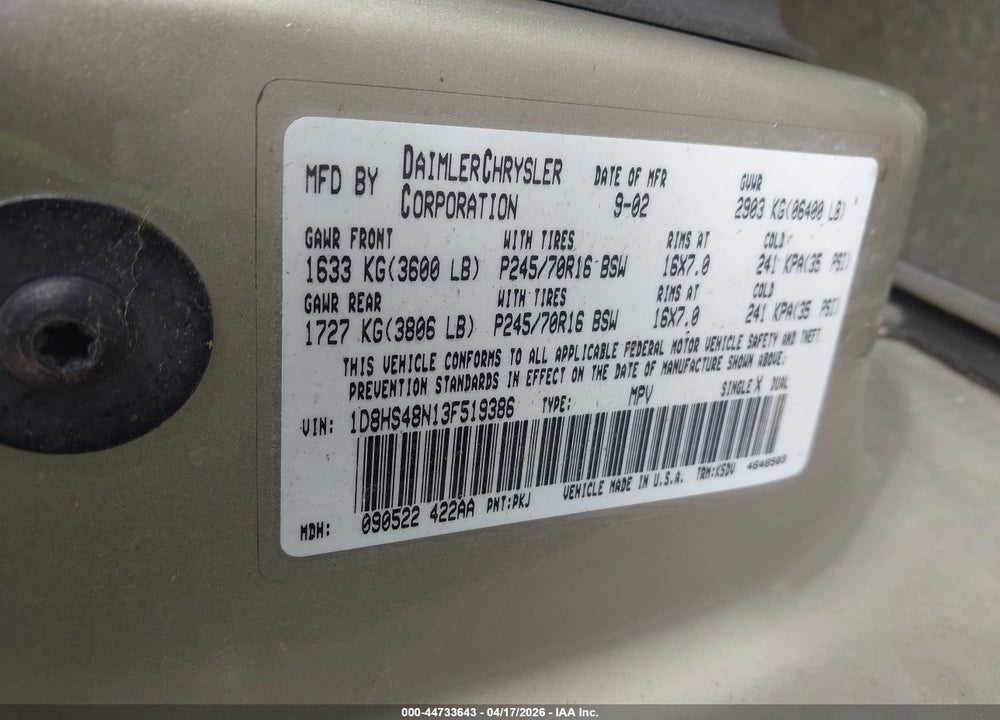 2003 DODGE DURANGO SLT VIN: 1D8HS48N13F519386