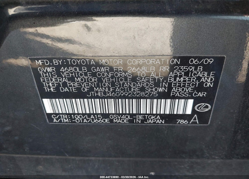 2009 LEXUS ES 350 VIN: JTHBJ46G992328275