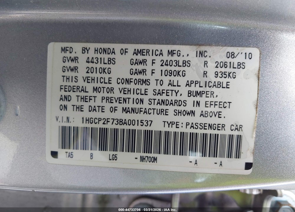 2011 HONDA ACCORD 2.4 EX VIN: 1HGCP2F73BA001537