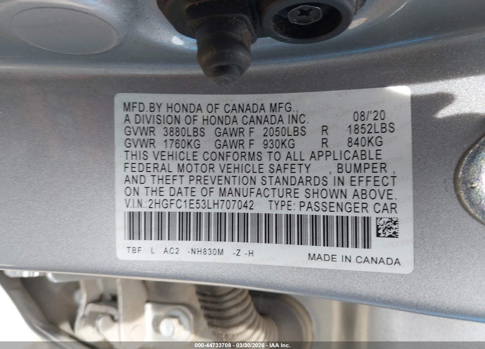 2020 HONDA CIVIC SI SEDAN VIN: 2HGFC1E53LH707042