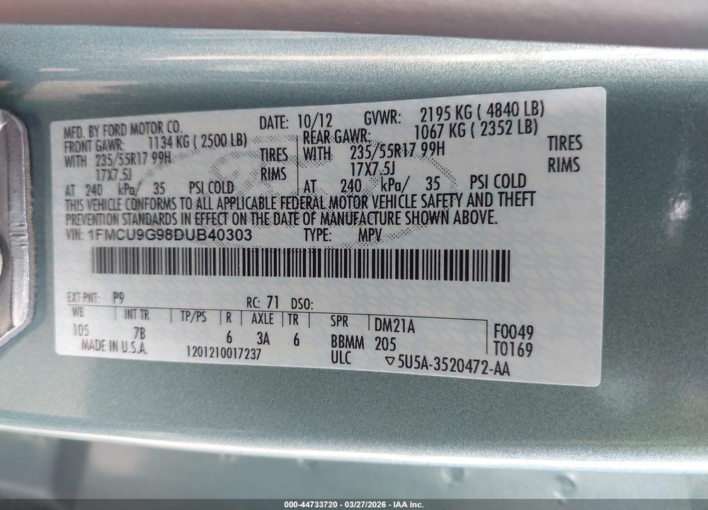 2013 FORD ESCAPE SE VIN: 1FMCU9G98DUB40303