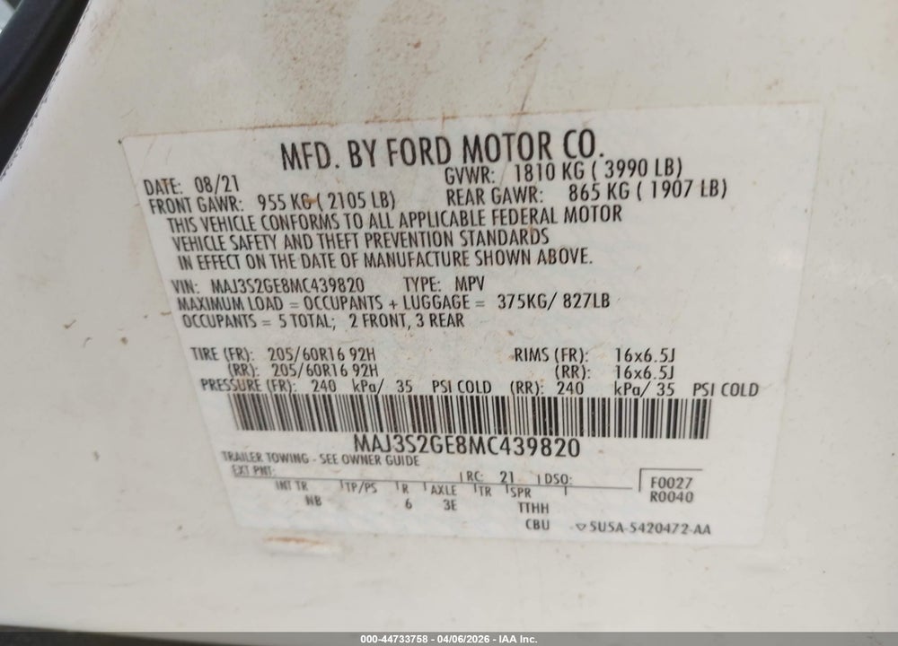2021 FORD ECOSPORT SE VIN: MAJ3S2GE8MC439820