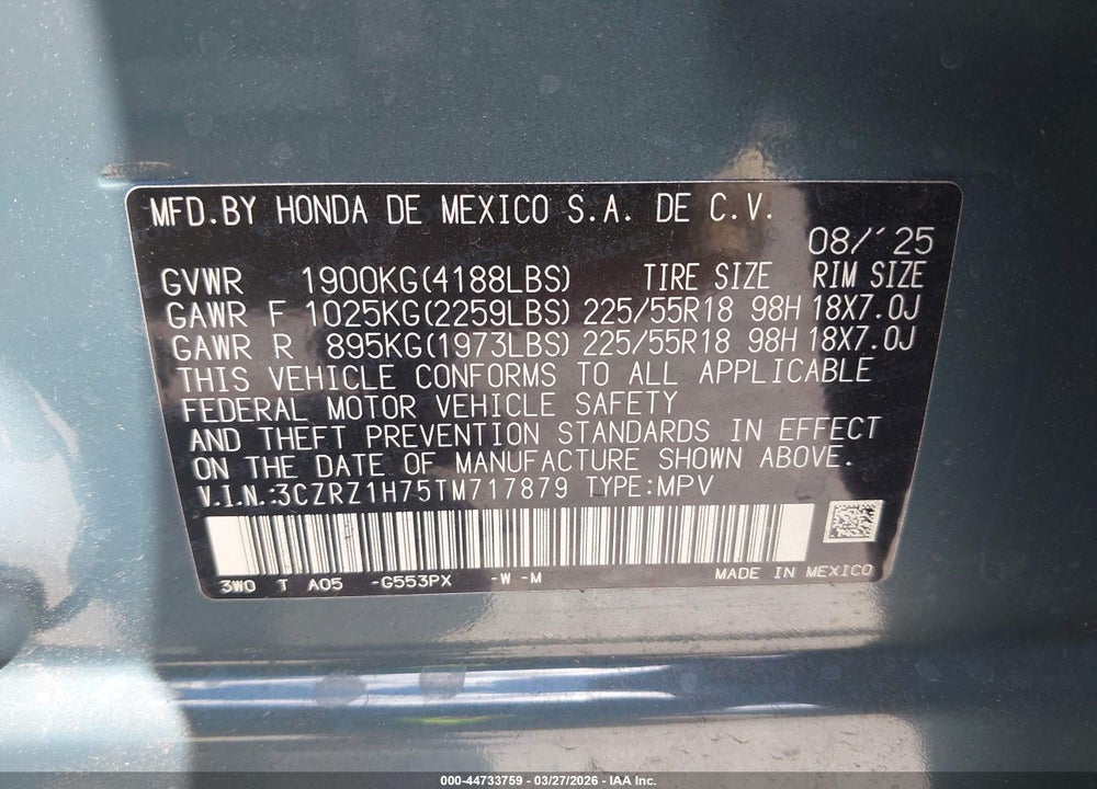 2026 HONDA HR-V 2WD EX-L VIN: 3CZRZ1H75TM717879
