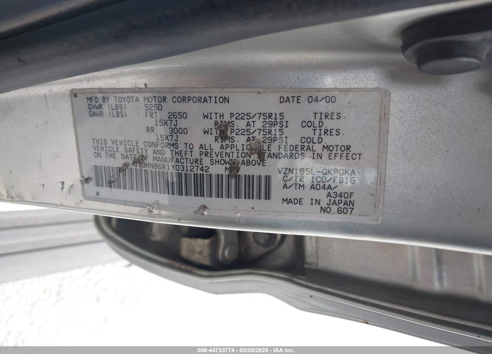 2000 TOYOTA 4RUNNER SR5 V6 VIN: JT3HN86R1Y0312742