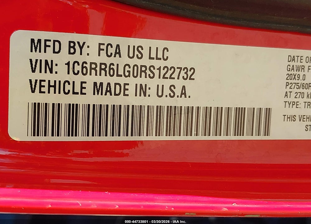 2024 RAM 1500 CLASSIC WARLOCK  4X2 5'7 BOX VIN: 1C6RR6LG0RS122732