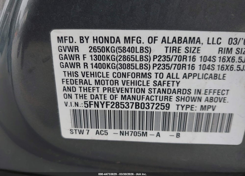 2007 HONDA PILOT EX-L VIN: 5FNYF28537B037259