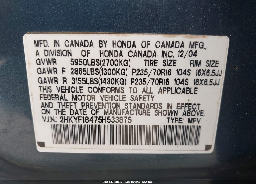 2005 HONDA PILOT EX VIN: 2HKYF18475H533875