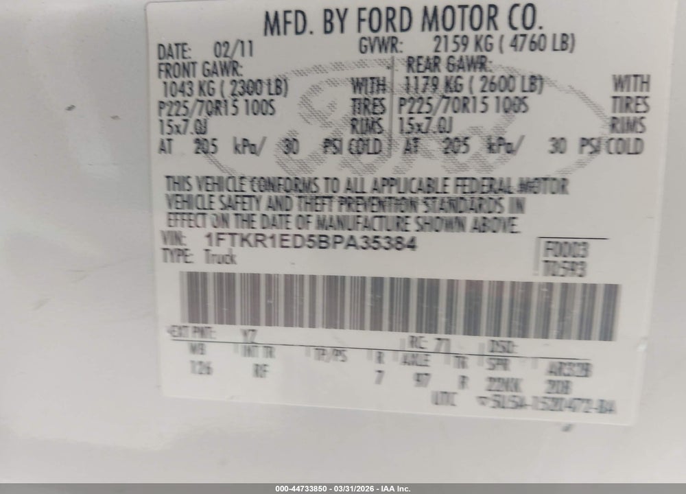 2011 FORD RANGER XL VIN: 1FTKR1ED5BPA35384