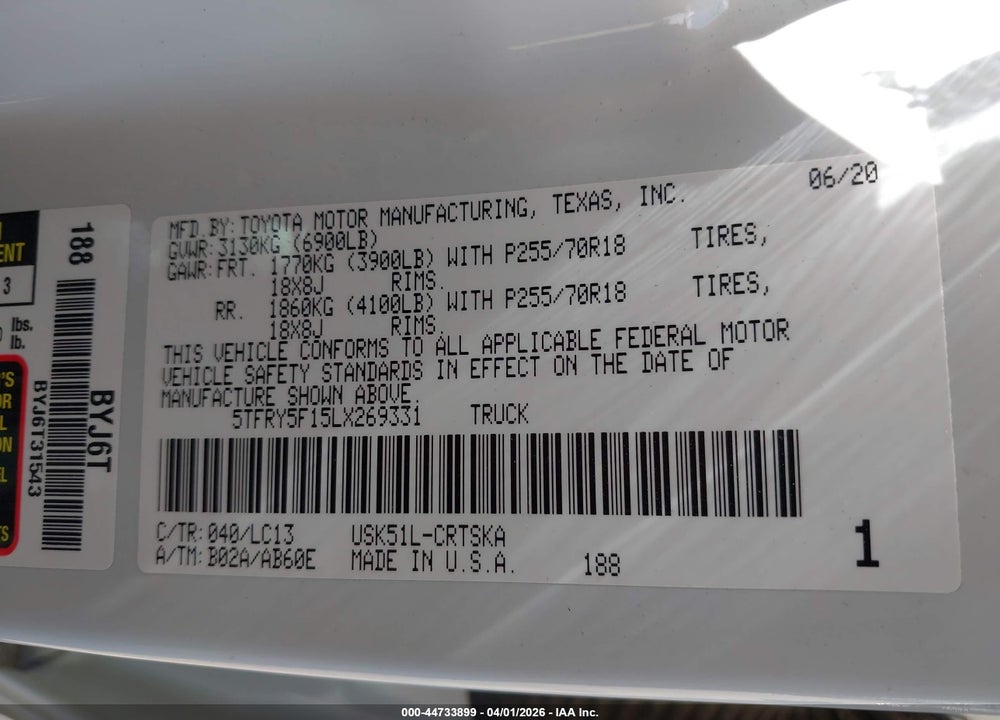 2020 TOYOTA TUNDRA SR VIN: 5TFRY5F15LX269331