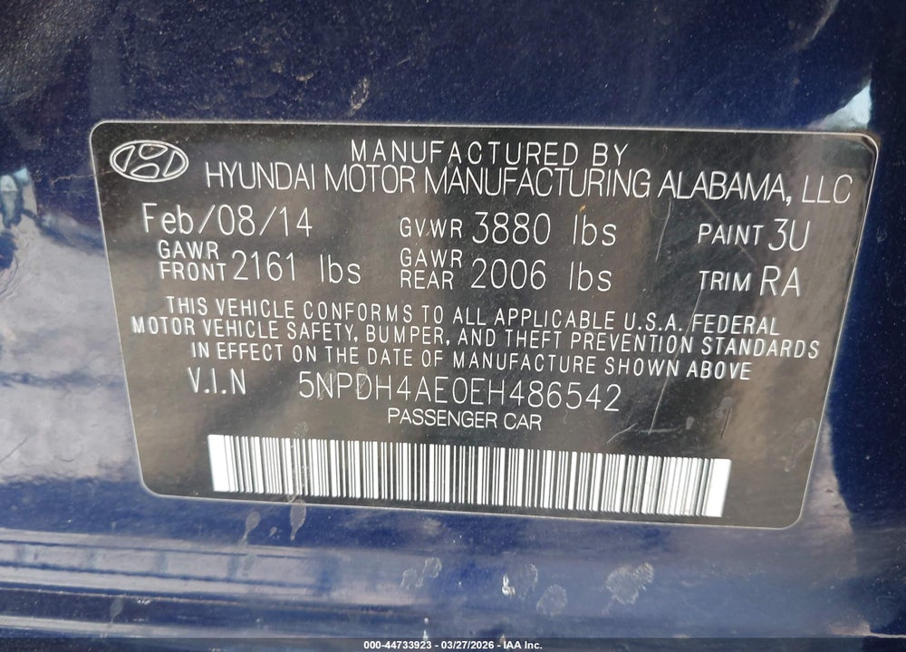 2014 HYUNDAI ELANTRA SE VIN: 5NPDH4AE0EH486542