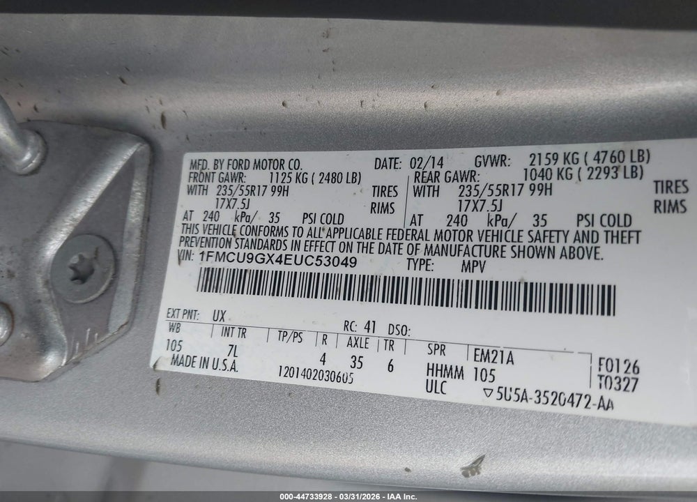 2014 FORD ESCAPE SE VIN: 1FMCU9GX4EUC53049