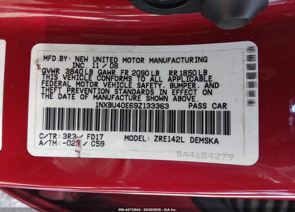 2009 TOYOTA COROLLA S VIN: 1NXBU40E69Z133363