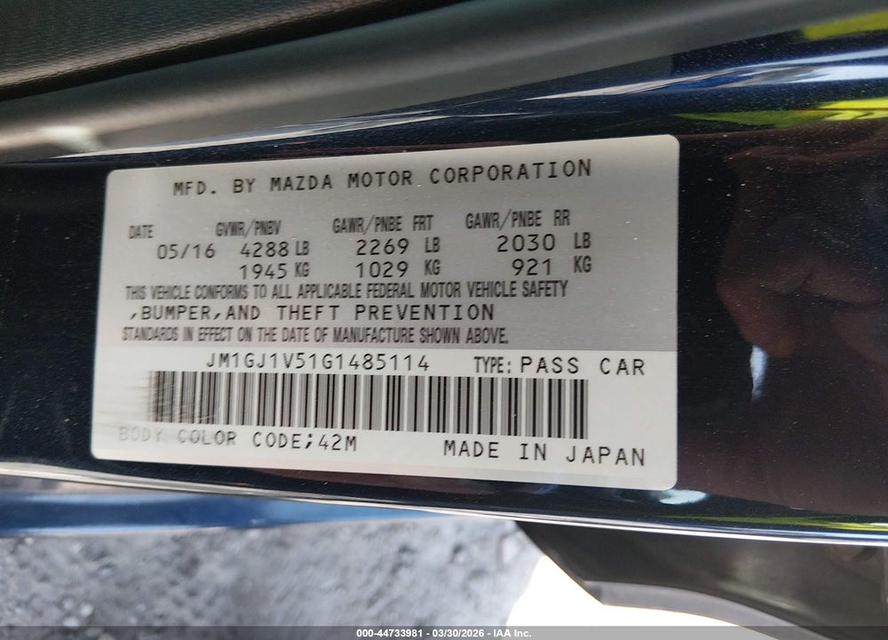 2016 MAZDA 6 I TOURING VIN: JM1GJ1V51G1485114