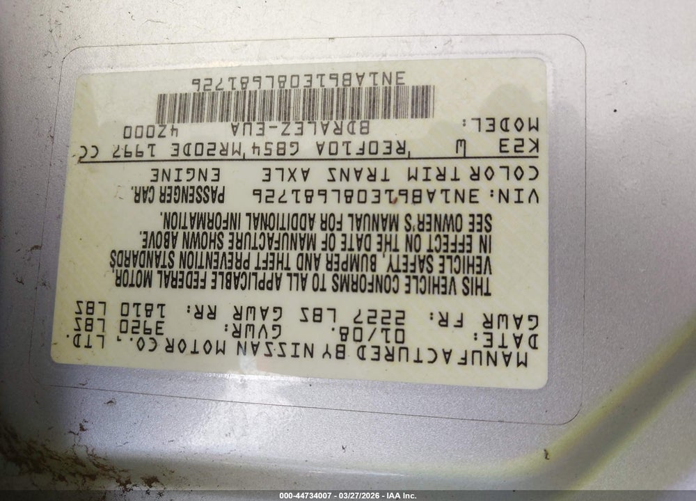 2008 NISSAN SENTRA 2.0S VIN: 3N1AB61E08L681726