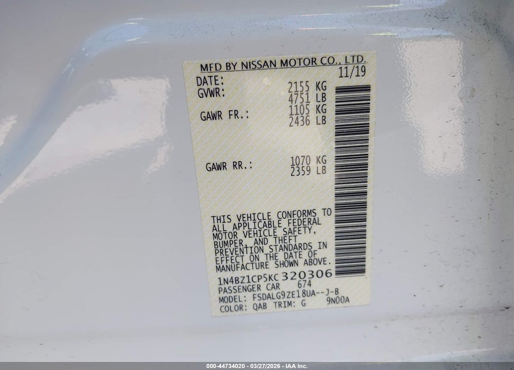 2019 NISSAN LEAF SL PLUS VIN: 1N4BZ1CP5KC320306