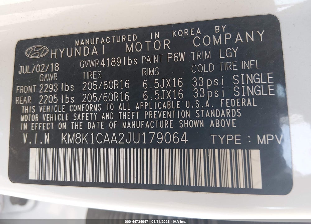 2018 HYUNDAI KONA SE VIN: KM8K1CAA2JU179064
