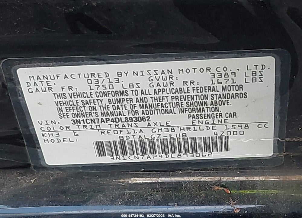 2013 NISSAN VERSA 1.6 SL VIN: 3N1CN7AP4DL893062